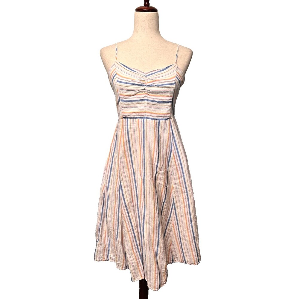 GAP Women's 4 Linen Blend Dress Cami Tank Smocked Summer Midi Colorful Striped